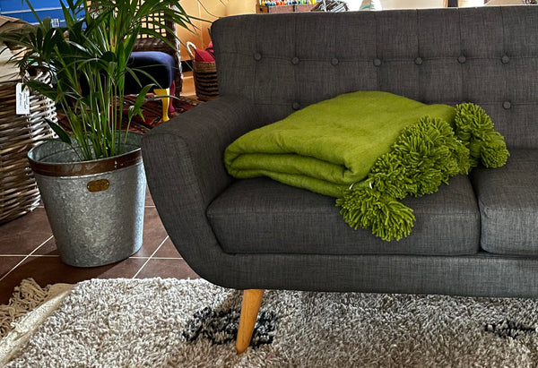 Handwoven Moroccan Pure Wool Pompom Blanket (Moss)